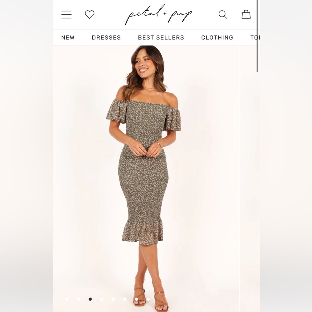 Petal & Pup Claire Shirred Bodycon Off The Shoulder Midi Dress NWT Size 8 US
